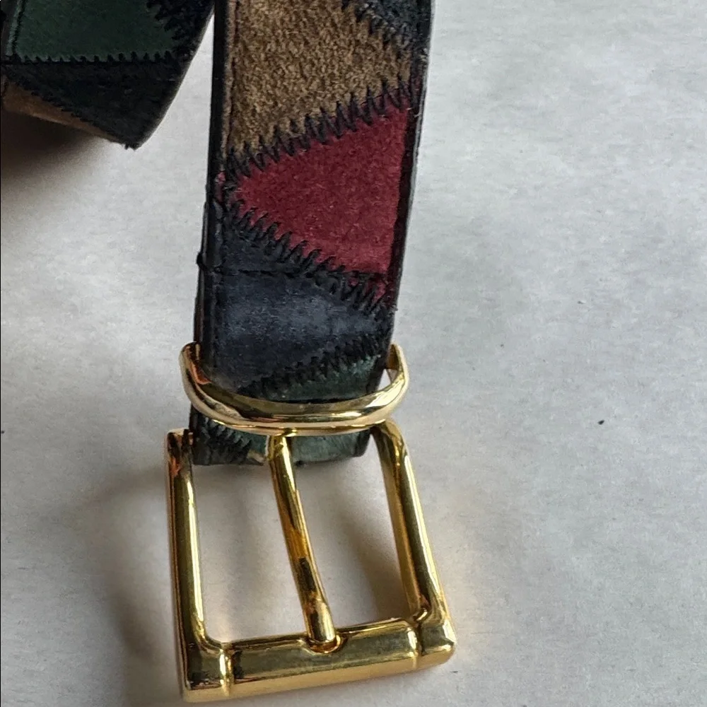 VTG Multi Color Patchwork Genuine Leather Belt Womens 38’ Boho hippie Festival